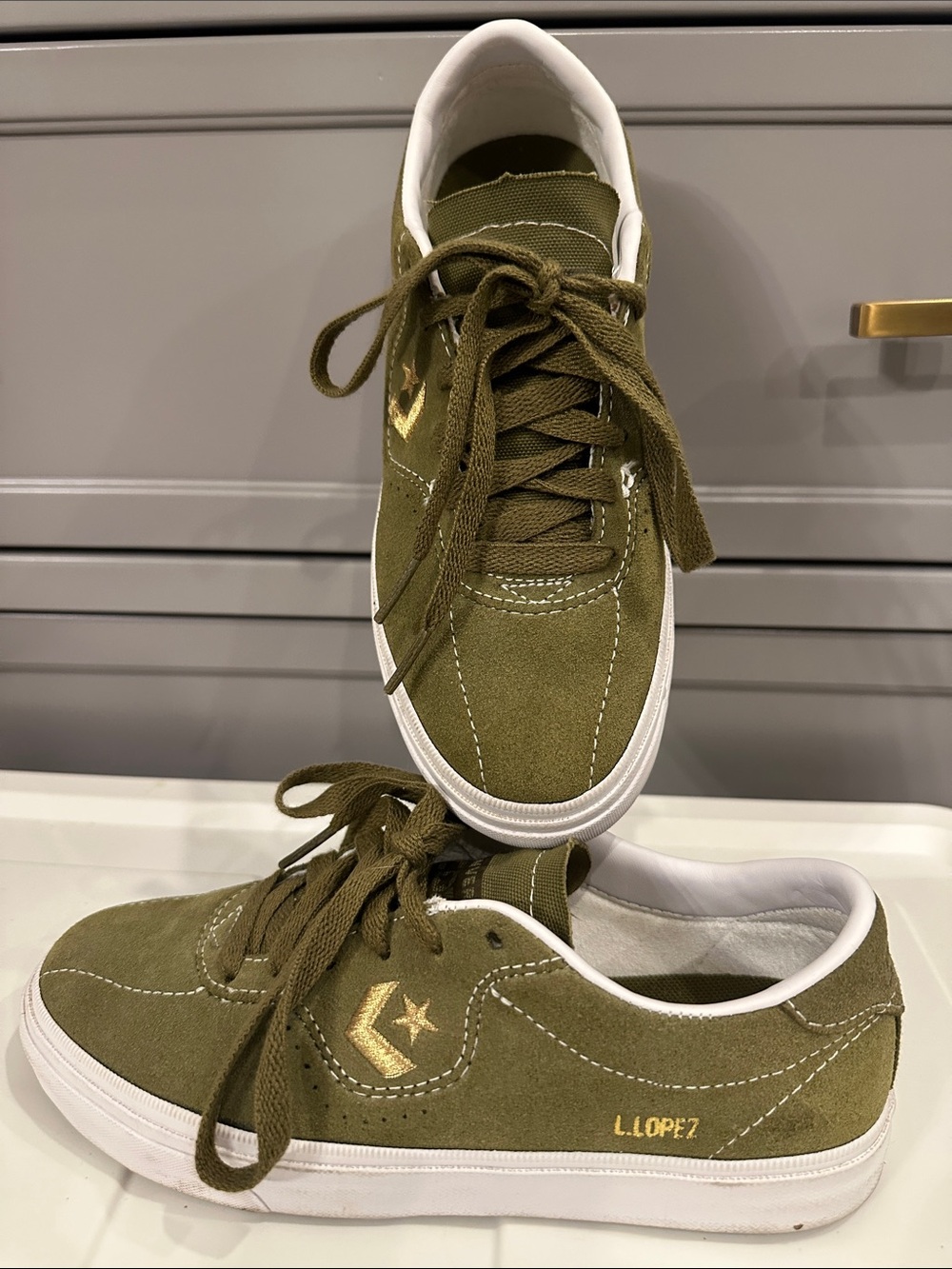 Louie Lopez Pro. Converse Olive Green Suede Low-Top Sneakers with White Trim